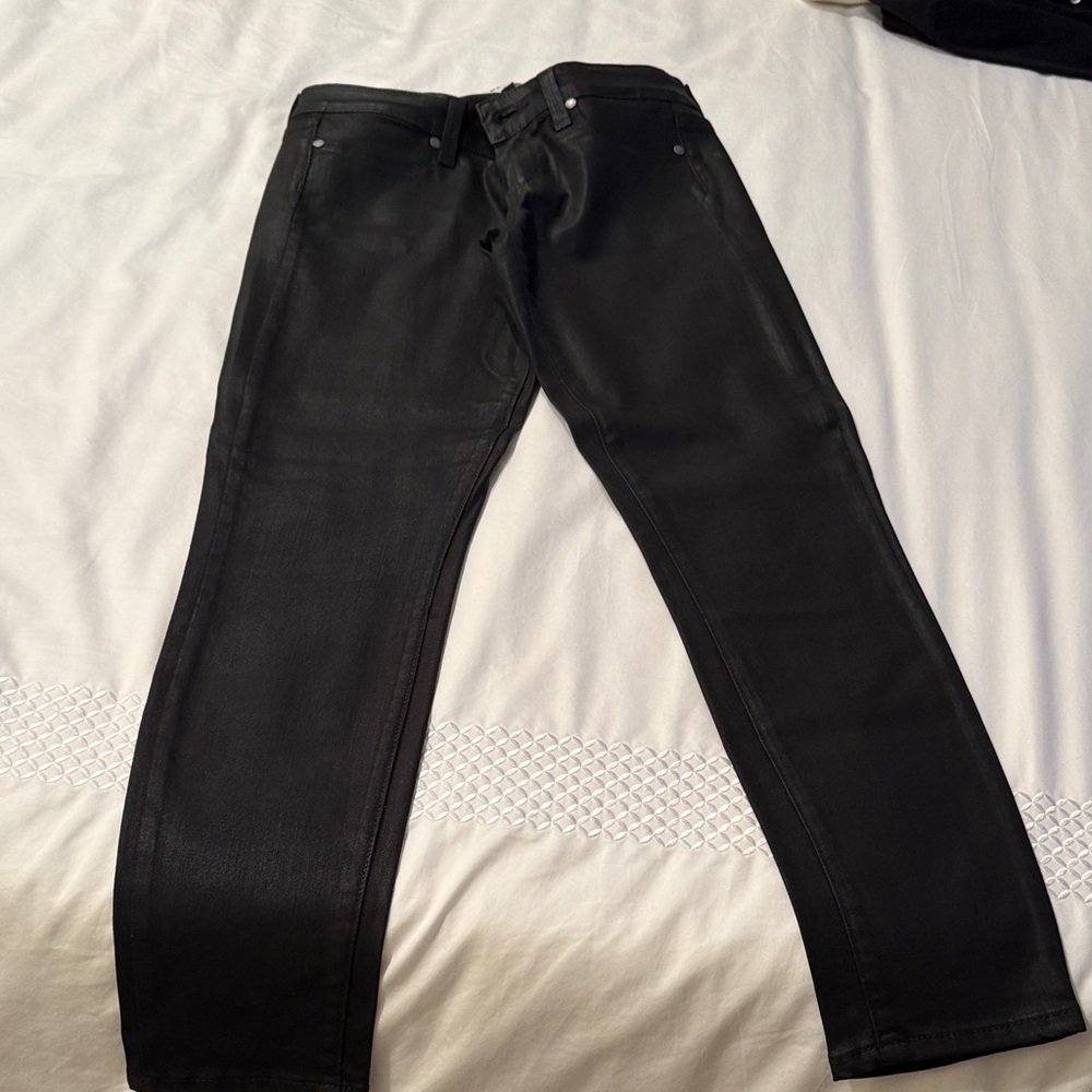 PAIGE Women’s Black Luxe Coated low rise ankle jeans ! Like New!